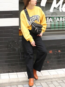 「UNIQLO（ユニクロ）のハイライズワイドストレートジーンズ（デニムパンツ）」を使った、YOUさん（レディース・158cm）の冬コーディネート