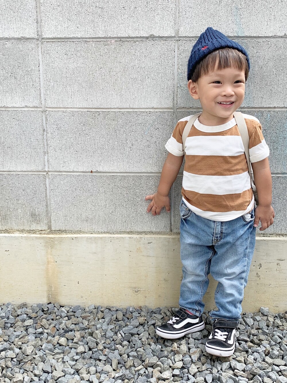 「キッズコーデ、キッズファッション、ボーダー、デニム、ニット帽、秋のコーデ、秋コーデ」｜「babyPOLOのアイテム（ニットキャップ/ビーニー、ブルー系）」を使った、KAIRI⋆⋆⋆さん（キッズ・80cm）の秋コーディネートの1枚目の写真