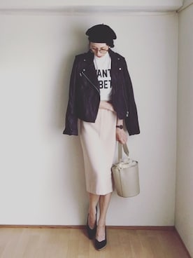 「ROSE BUD（ローズバッド）のレザーライダースジャケット（ライダースジャケット）」を使った、S *•.●❃さん（レディース・167cm）の秋コーディネート