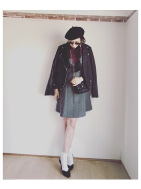 「ROSE BUD（ローズバッド）のレザーライダースジャケット（ライダースジャケット）」を使った、S *•.●❃さん（レディース・167cm）の春コーディネート