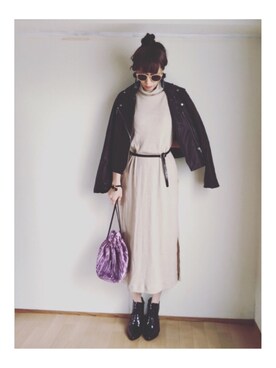 「ROSE BUD（ローズバッド）のレザーライダースジャケット（ライダースジャケット）」を使った、S *•.●❃さん（レディース・166cm）の秋コーディネート