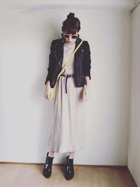 「ROSE BUD（ローズバッド）のレザーライダースジャケット（ライダースジャケット）」を使った、S *•.●❃さん（レディース・166cm）の冬コーディネート