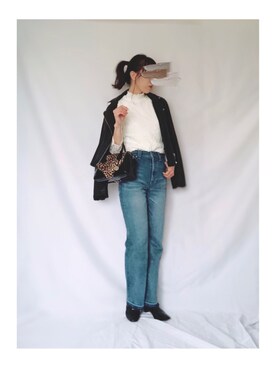 「ROSE BUD（ローズバッド）のレザーライダースジャケット（ライダースジャケット）」を使った、S *•.●❃さん（レディース・166cm）の冬コーディネート