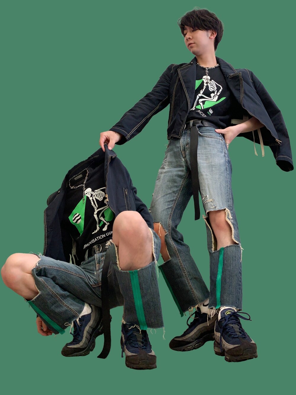「ライダースジャケット、Tシャツ×デニム、デニムパンツ、ダメージデニムパンツ、コムデギャルソンオムプリュス、アンダーカバー、リーバイス、CHRISTIAN DADA、COMME des GARCONS HOMME PLUS、リメイクジーンズ」｜「COMME des GARCONS HOMME PLUSのアイテム（ライダースジャケット、その他）」を使った、lets_kobatakaさん（メンズ・172cm）の春コーディネートの1枚目の写真