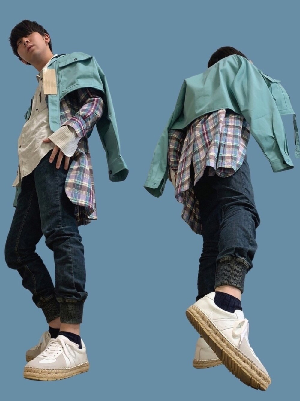 「アースカラー、ストリート、レイヤードスタイル、レイヤード、デニムパンツ、ショート丈トップス、チェックシャツ、ロングシャツ、ジャーマントレーナー、ジョガーパンツ」｜「MY WORK(custom/remake)のアイテム（ジャケット/アウター、ブルー系）」を使った、lets_kobatakaさん（メンズ・172cm）の春コーディネートの1枚目の写真