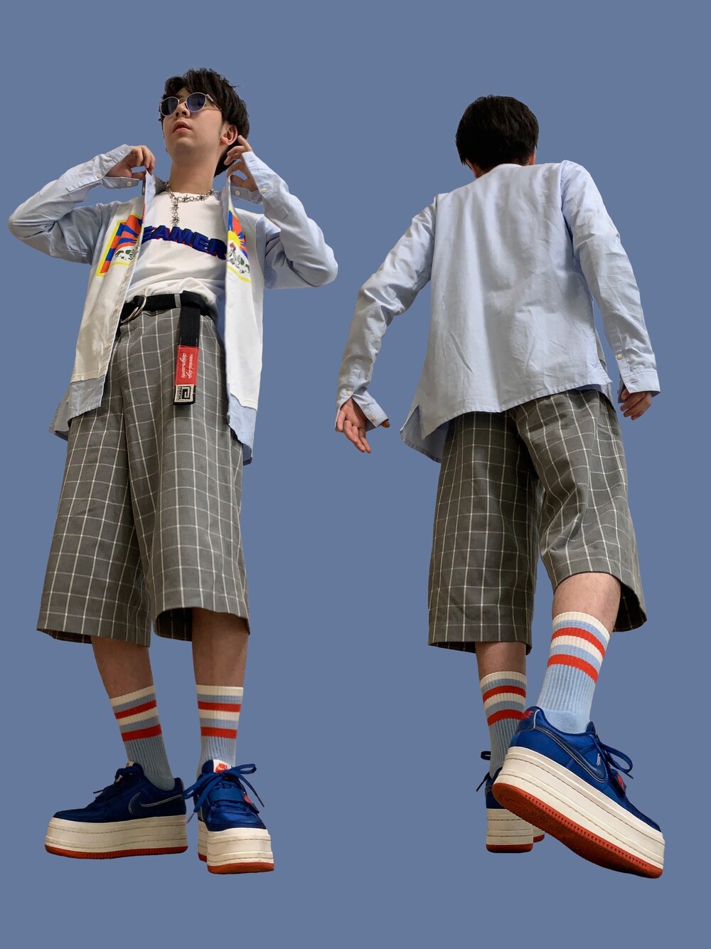 ホワイト系のシャツ/ブラウス、ホワイト系のTシャツ/カットソー、グレー系のその他パンツを着用したメンズの夏コーディネートの1枚目の写真