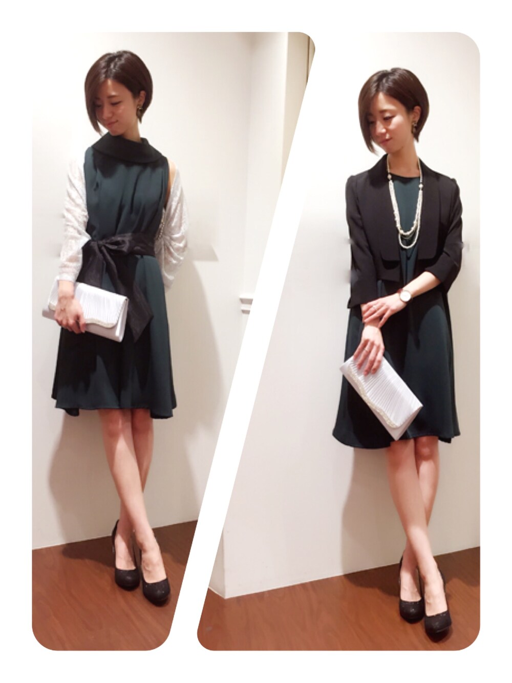 「春、結婚式、結婚式二次会スタイル、ドレス、ワンピース、二次会、今日のコーデ、パーティースタイル、パールネックレス、パーティー」｜「Paradise Picnicの【WEB限定商品】Virca Aラインスタンドカラードレスワンピース（ドレス、グリーン系）」を使った、chiiiiiさん（レディース・161cm）の春コーディネートの1枚目の写真