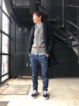 「カウチン」｜「アイテム（チェスターコート）」を使った、けんたさん（メンズ・174cm）の秋コーディネート