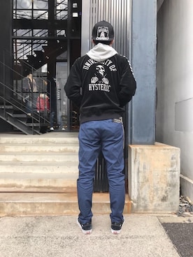 「HYSTERIC GLAMOUR（ヒステリックグラマー）のHYS WHISKY柄 刺繍キャップ（キャップ）」を使った、けんたさん（メンズ・174cm）の冬コーディネート