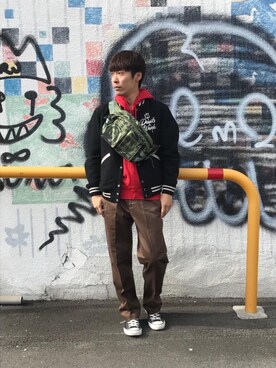 「コラボ」｜「アイテム（スタジャン）」を使った、けんたさん（メンズ・174cm）の秋コーディネート