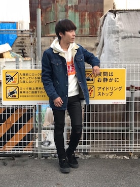 「ランチコート」｜「アイテム（デニムパンツ）」を使った、けんたさん（メンズ・174cm）の冬コーディネート