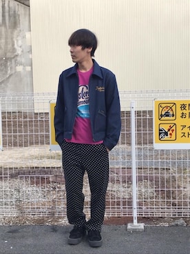「ドットパンツ」｜「アイテム（デニムジャケット）」を使った、けんたさん（メンズ・174cm）の冬コーディネート