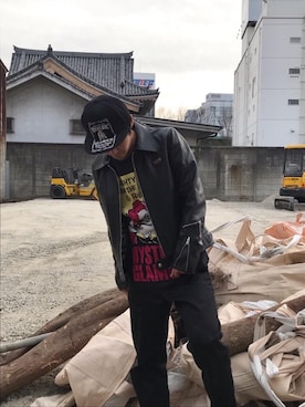 「HYSTERIC GLAMOUR（ヒステリックグラマー）のHYS WHISKY柄 刺繍キャップ（キャップ）」を使った、けんたさん（メンズ・174cm）の冬コーディネート