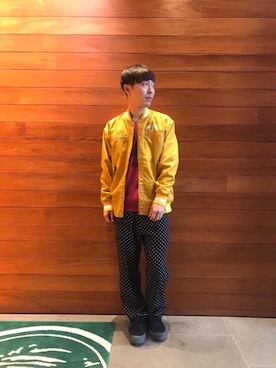 「ドットパンツ」｜「アイテム（スタジャン）」を使った、けんたさん（メンズ・174cm）の冬コーディネート