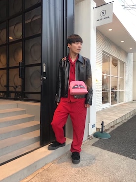 「バッグ」｜「アイテム（ライダースジャケット）」を使った、けんたさん（メンズ・174cm）の冬コーディネート