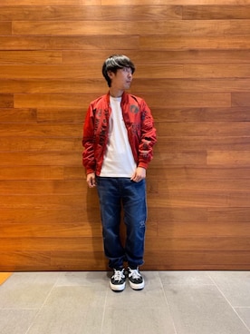 「アイテム（ミリタリージャケット、レッド系）」を使った、けんたさん（メンズ・174cm）の秋コーディネート