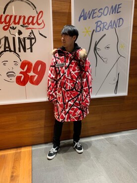 「アイテム（ミリタリージャケット、レッド系）」を使った、けんたさん（メンズ・174cm）の冬コーディネート