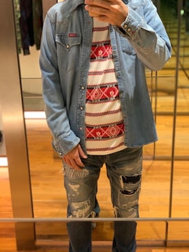 「HYSTERIC GLAMOUR（ヒステリックグラマー）のGIRLS BORDER総柄ジャカード リブ付Tシャツ（Tシャツ/カットソー）」を使った、けんたさん（メンズ・174cm）の冬コーディネート