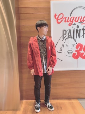 「アイテム（ミリタリージャケット、レッド系）」を使った、けんたさん（メンズ・174cm）の冬コーディネート