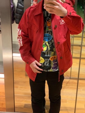 「アイテム（ミリタリージャケット、レッド系）」を使った、けんたさん（メンズ・174cm）の冬コーディネート