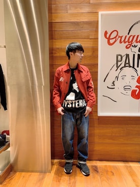 「アイテム（ミリタリージャケット、レッド系）」を使った、けんたさん（メンズ・174cm）の冬コーディネート