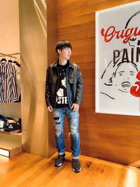 「レザーコーデ」｜「アイテム（ブルゾン）」を使った、けんたさん（メンズ・174cm）の冬コーディネート