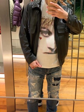 「レザーコーデ」｜「アイテム（ブルゾン）」を使った、けんたさん（メンズ・174cm）の冬コーディネート