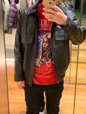 「レザーコーデ」｜「アイテム（ブルゾン）」を使った、けんたさん（メンズ・174cm）の冬コーディネート