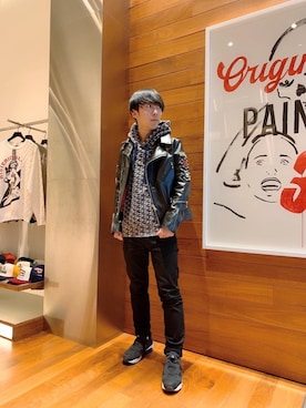 「コラボレーション」｜「アイテム（ライダースジャケット）」を使った、けんたさん（メンズ・174cm）の冬コーディネート