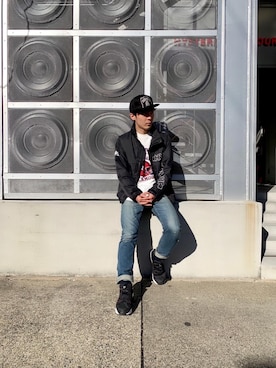 「HYSTERIC GLAMOUR（ヒステリックグラマー）のHYS WHISKY柄 刺繍キャップ（キャップ）」を使った、けんたさん（メンズ・174cm）の秋コーディネート