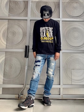 「HYSTERIC GLAMOUR（ヒステリックグラマー）のHYS WHISKY柄 刺繍キャップ（キャップ）」を使った、けんたさん（メンズ・174cm）の秋コーディネート