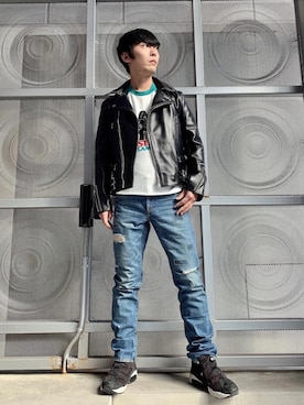 「HYSTERIC GLAMOUR（ヒステリックグラマー）のアイテム（ライダースジャケット）」を使った、けんたさん（メンズ・174cm）の春コーディネート