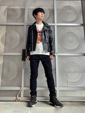 「HYSTERIC GLAMOUR（ヒステリックグラマー）のアイテム（ライダースジャケット）」を使った、けんたさん（メンズ・174cm）の春コーディネート