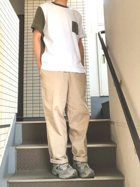 「coen（コーエン）のUSAコットンクレイジークルーネックTシャツ（Tシャツ/カットソー、グリーン系）」を使った、rikuさん（メンズ・170cm）の夏コーディネート