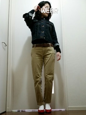 「ワンポイント」｜「アイテム（デニムジャケット）」を使った、saicchanさん（レディース・155cm）の冬コーディネート