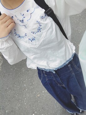 「PAGEBOY（ページボーイ）のトモリボン付きデニムワイドパンツ（デニムパンツ）」を使った、Kya🍓さん（レディース・165cm）の夏コーディネート