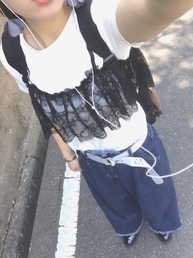「PAGEBOY（ページボーイ）のトモリボン付きデニムワイドパンツ（デニムパンツ）」を使った、Kya🍓さん（レディース・165cm）の夏コーディネート