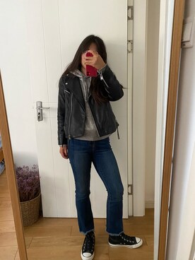 「MANGO（マンゴ）のアイテム（ライダースジャケット）」を使った、元宝嘻哈さん（レディース・160cm）の秋コーディネート