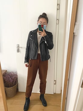 「MANGO（マンゴ）のアイテム（ライダースジャケット）」を使った、元宝嘻哈さん（レディース・160cm）の冬コーディネート