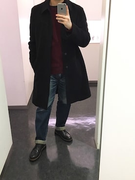 「ワインレッド」｜「アイテム（ステンカラーコート）」を使った、リオ太さん（メンズ・175cm）の冬コーディネート