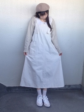 「オールホワイト」｜「アイテム（ハンチング/ベレー帽）」を使った、Gilda♡ᵕ̈*⑅さん（レディース・163cm）の冬コーディネート