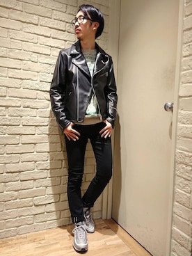 「airmax」｜「アイテム（ライダースジャケット）」を使った、HOSHIさん（メンズ・170cm）の冬コーディネート