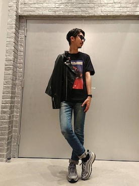 「ロックT」｜「アイテム（ライダースジャケット）」を使った、HOSHIさん（メンズ・170cm）の夏コーディネート