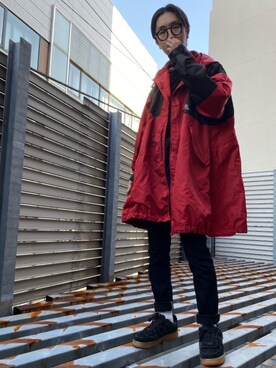 「アイテム（ミリタリージャケット、レッド系）」を使った、HOSHIさん（メンズ・170cm）の冬コーディネート