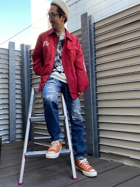 「アイテム（ミリタリージャケット、レッド系）」を使った、HOSHIさん（メンズ・170cm）の冬コーディネート