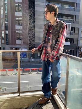 「アイテム（ミリタリージャケット、レッド系）」を使った、HOSHIさん（メンズ・170cm）の冬コーディネート