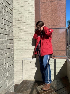 「アイテム（ミリタリージャケット、レッド系）」を使った、HOSHIさん（メンズ・170cm）の冬コーディネート