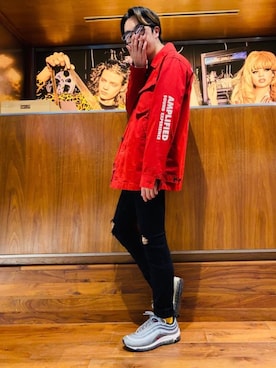 「アイテム（ミリタリージャケット、レッド系）」を使った、HOSHIさん（メンズ・170cm）の春コーディネート