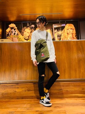 「アイテム（メッセンジャーバッグ、グリーン系）」を使った、HOSHIさん（メンズ・170cm）の春コーディネート