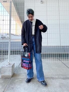 「HYSTERIC GLAMOUR（ヒステリックグラマー）のアイテム（ノーカラーコート）」を使った、HOSHIさん（メンズ・168cm）の冬コーディネート